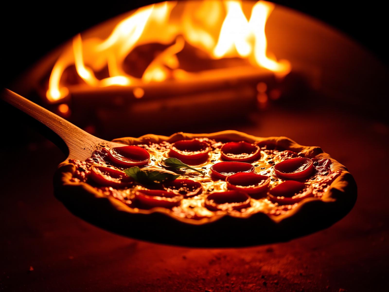 Handcrafted pepperoni pizza pulled from a stone oven